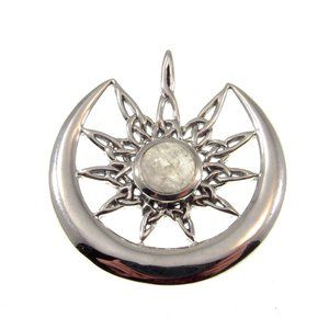 Solid 925 Sterling Silver Celtic Star on Crescent Moon with Moonstone Pendant
